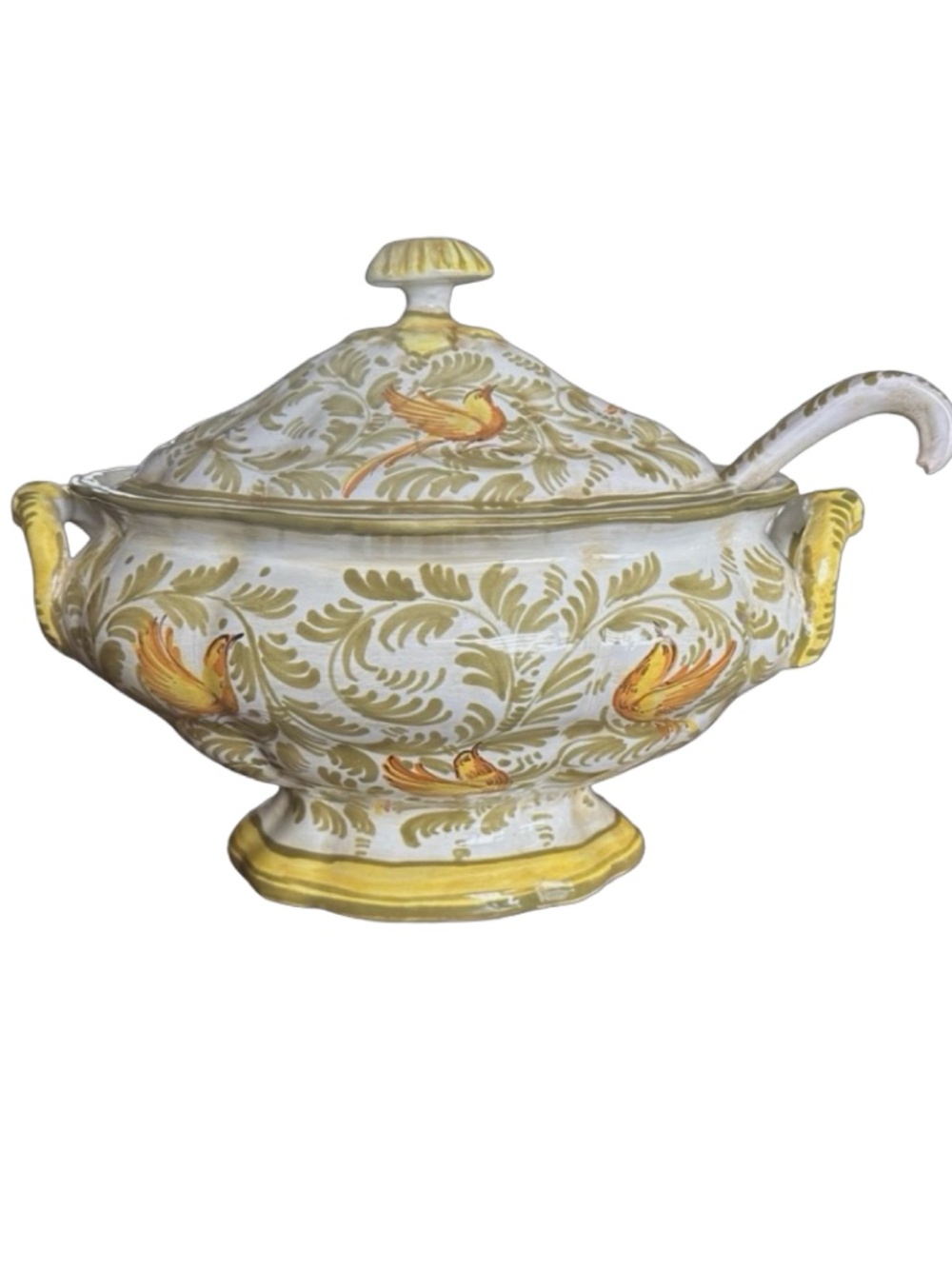 Large Ceramic Soup Tureen W/ Lid & Ladle 14” Green Yellow Birds & Floral Design